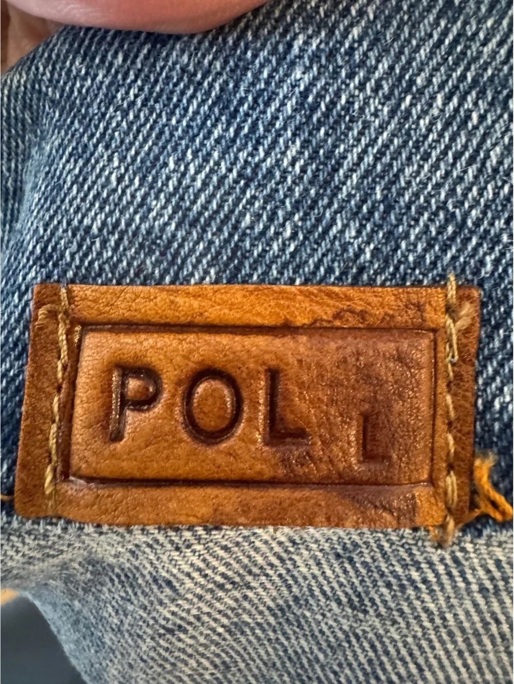 POL Women's Two-Tone Distressed Denim Vest with Back Text Large NWOT
